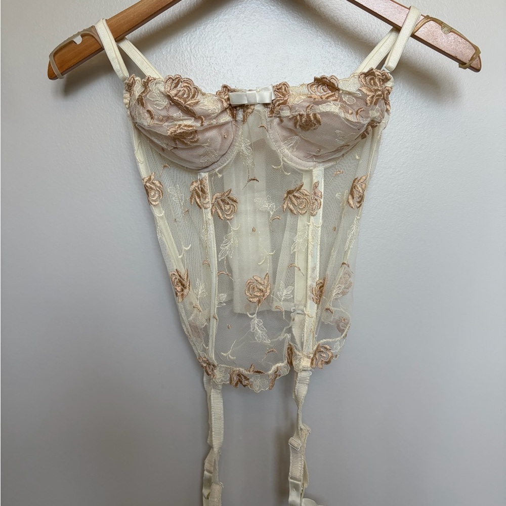 Victoria's Secret Sheer Embroidered Bustier in Cream and Tan